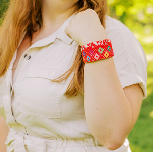 Red Geometric Huipil Large Embroidered Cuff
