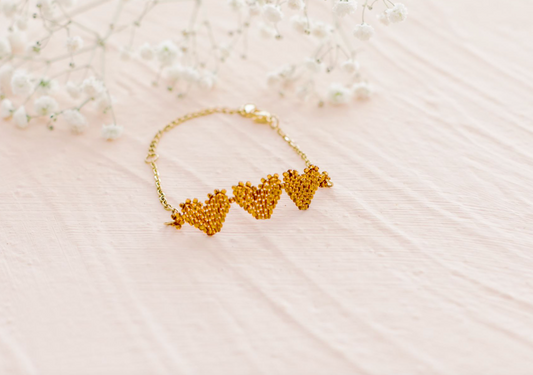 Triple Heart Beaded Bracelet-Gold
