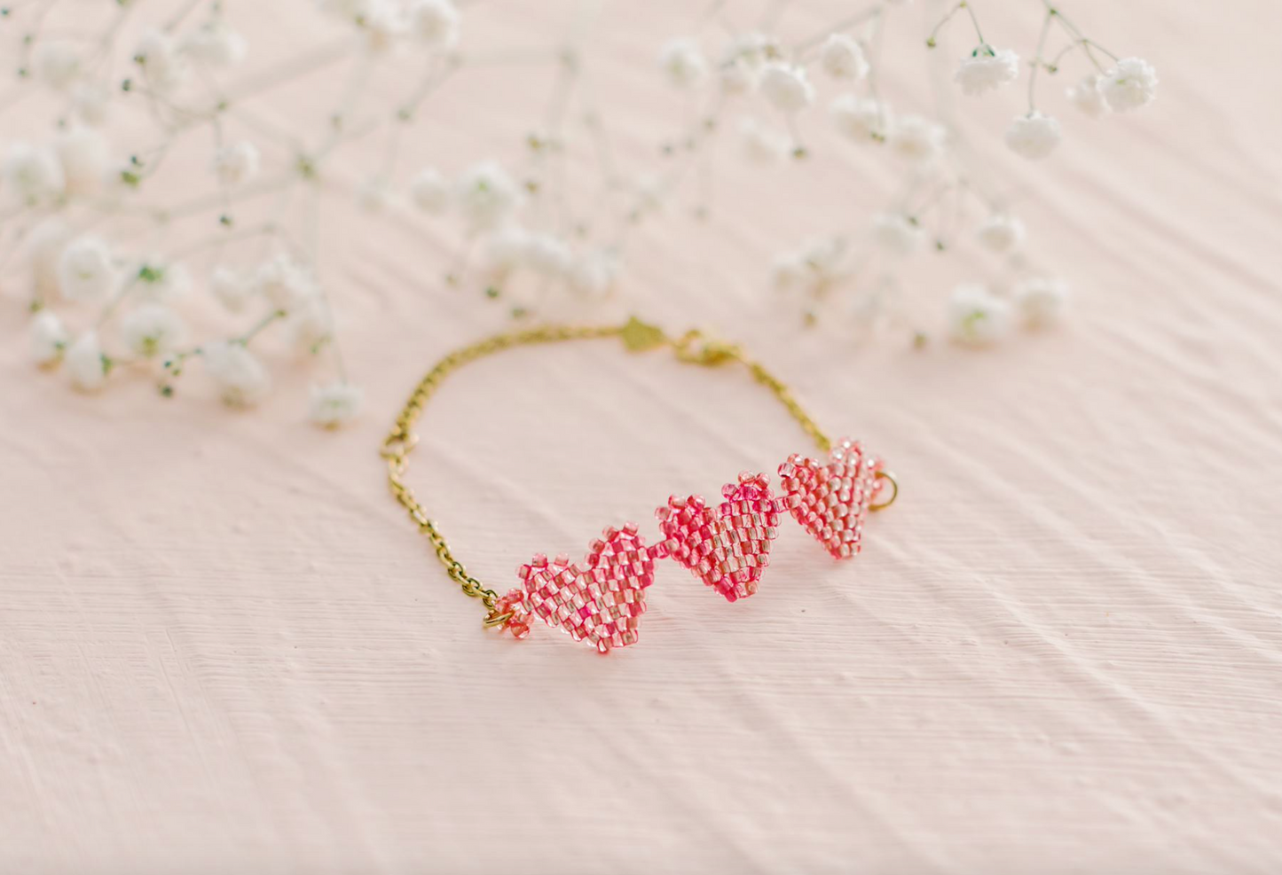 Triple Heart Beaded Bracelet-Pink