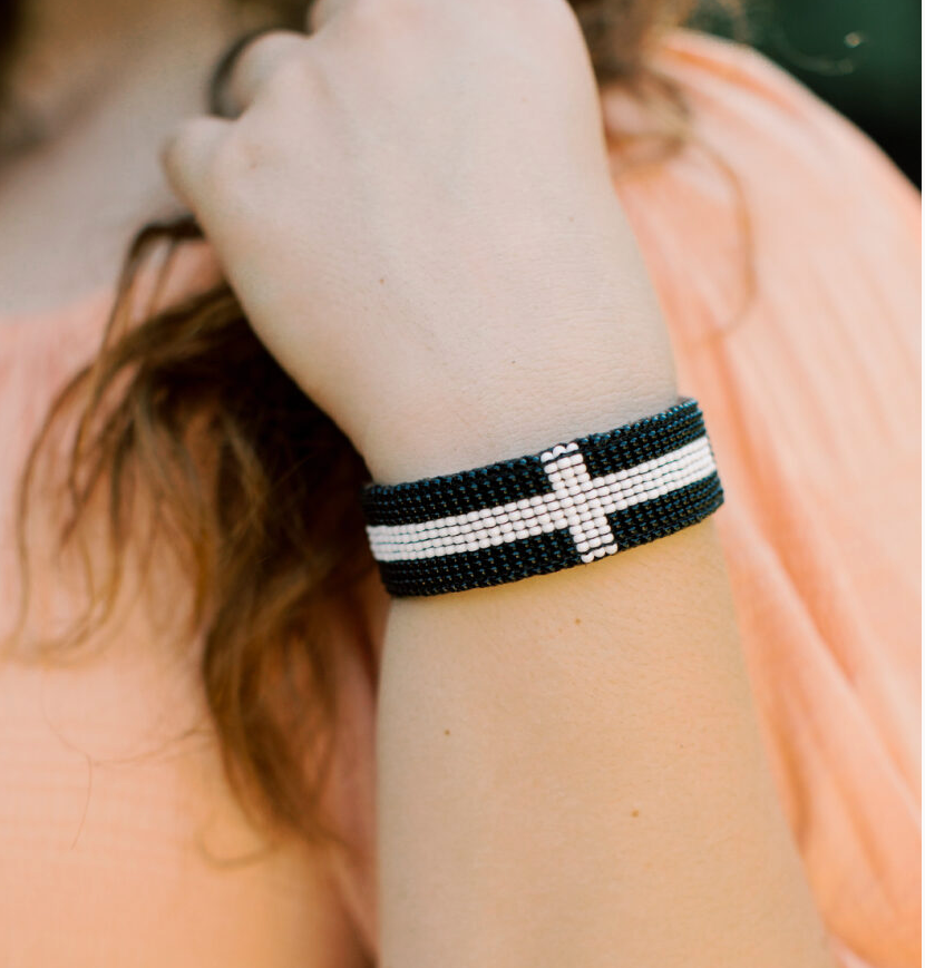 Diego Beaded Cuff- Black with White Cross