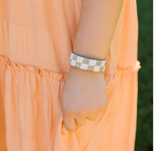 Diego Beaded Cuff- Silver and White Checkerboard